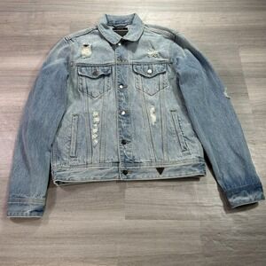 Guess Dillon Denim Jacket Mens Medium Blue Distressed Button Logo Jean